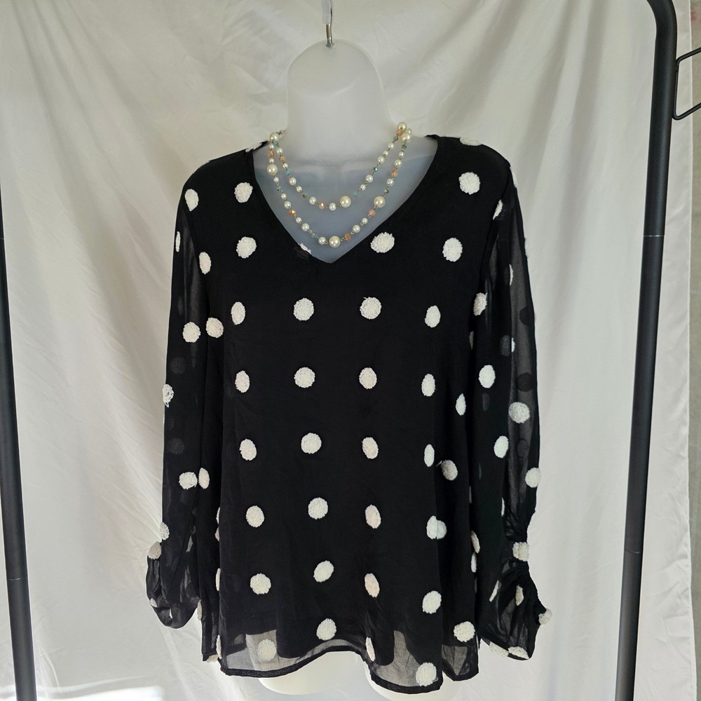 Jodifl Black White Pom Pom Polka Dot V-Neck Long Sleeve V-neck Blouse Size Small
